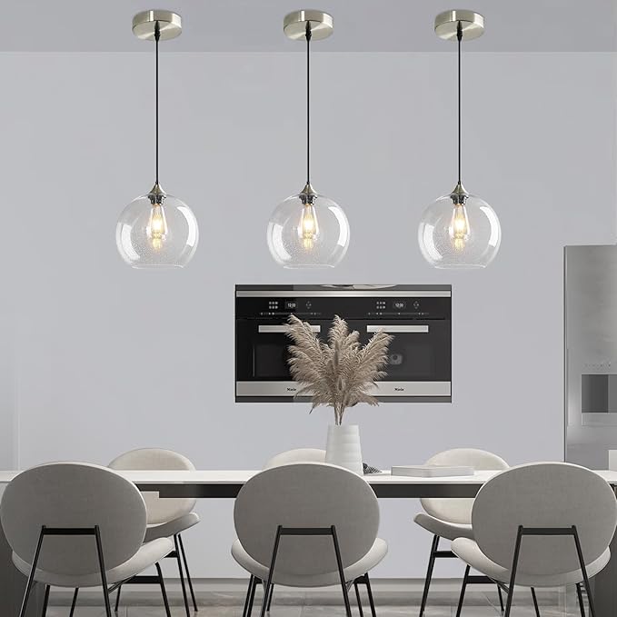 Modern 3-Pack Glass Globe Pendant Lights, Clear Modern Pendant Lighting for Kitchen Island, Clear Glass Hanging Lamps for Dining Room Living Room Bedroom, Large 9.85 Inch Fixture (Bulbs Not Included)