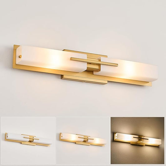 VitaLink Gold Vanity Light, 24” Modern Bathroom Wall Light Over Vanity Mirror 2-Light Hardwired Milky White Glass Wall Light for Bedroom Living Room Dining Room Hallway