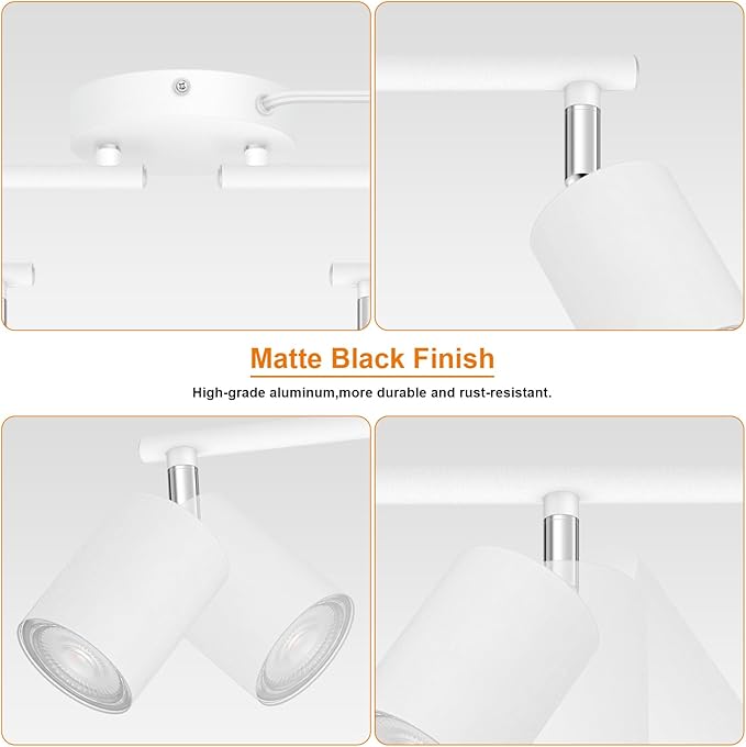 Track Lighting Plug in, LED Track Lighting Fixtures Ceiling Kit, White 8-Light Ceiling Light Plug-in, Wall Light with 15ft Power Cord, Rotatable Kitchen Spotlight for Bedroom(GU10 Socket, NO Bulb)