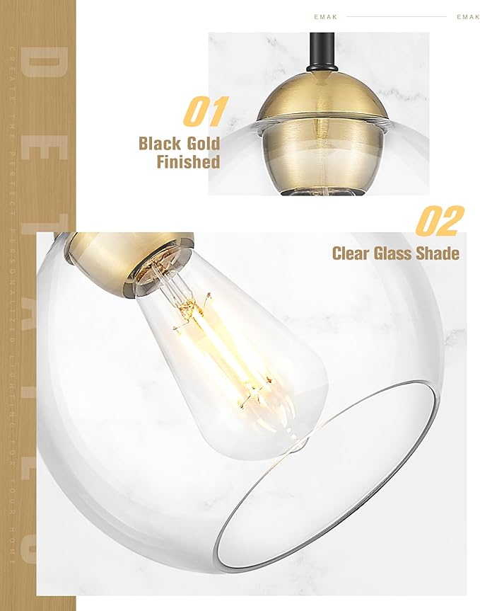 Emak Modern 8 Inch Glass Pendant Lights Kitchen Island, 2 Pack Black and Gold Pendant Light Fixtures, Farmhouse Globe Island Lights for Kitchen, Dining Room, Bathroom, PL121-BKBGD-CG-2PK