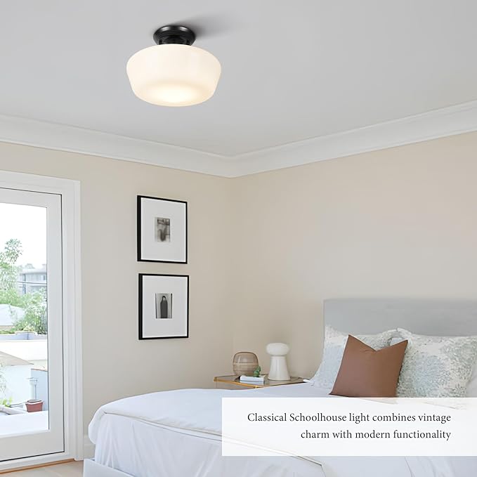 Schoolhouse Style Semi Flush Mount Ceiling Light with Dimmable Bulb Remote Control, 12" Modern Gold Hallway Ceiling Lamp with Opal Milk Glass Shade, Farmhouse Globe Light for Bedroom Kitchen Laundry