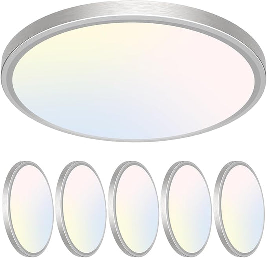 Libtit 7 Inch Nickel Brushed Flush Mount Ceiling Light, 15W, 6 Pack, 3000K/4000K/6500K Color Selectable, Ultra-Thin Round Ceiling Lighting Fixture for Bedroom, Kitchen, Pantry