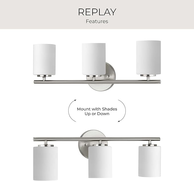 Replay Collection 3-Light Etched White Glass Modern Bath Vanity Light Brushed Nickel