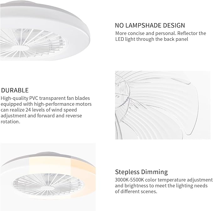 Modern LED Ceiling Light with Fan, RGB Ceiling Fan Lights, Ceiling Fan with lamp, 24 Ventilation speeds, infinitely dimmable Light for Living Room, Bedroom, Office, 3000-5500 K (White &19" & RGB)
