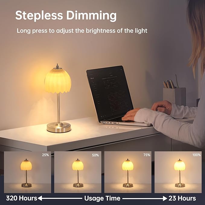Shenmoyl Tulip Table Lamp with 5200mAh Battery & Touch Control, Cordless Small Table Lamp with 3 Colors, Dimmable Rechargeable Table Lamps for Living Room, Bedroom, Desk, Bedside (Creamy Yellow Tulip)