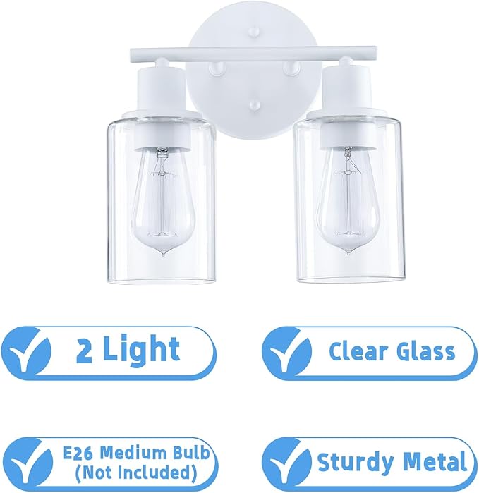 WISBEAM 2-Light Bathroom Vanity Light, White Bathroom Light Fixture with Clear Glass Shade Including E26 Medium Base, Bulb NOT Included, Vanity Light Over Mirror