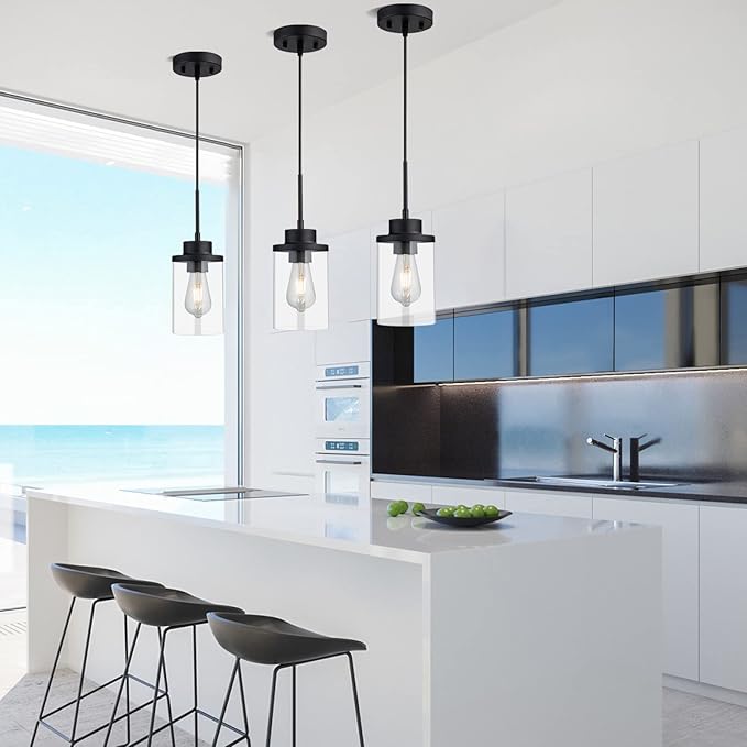 Modern Black Farmhouse Clear Glass Cylinder Pendant Light Fixture, Single Hanging Pendant Lighting for Kitchen Island, Dining Room, Bedroom & Hallway(3 Packs)