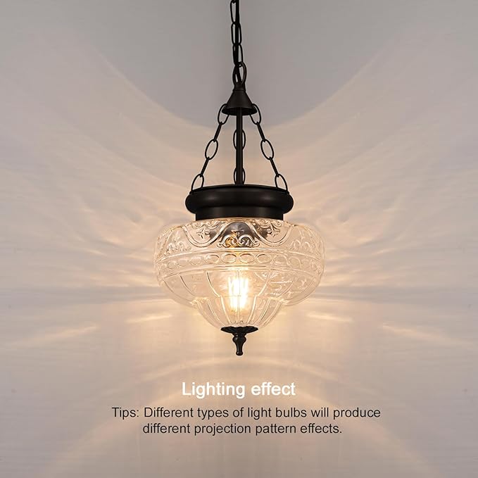 Vintage Pendant Light - Matte Black Pendant Lights Kitchen Island with Floral Glass, Hanging Lighting Fixtures with Adjustable Hanging Chain for Kitchen, Island, Dining Room, Entryway