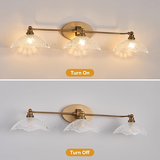 Vintage Bathroom Vanity Light Fixture, 3 Light Bathroom Vanity Light Length 33.85 inches Antique Brass with Crystal Glass Shade Antique Brass Vanity (E12 Bulb, Bulb not Included)