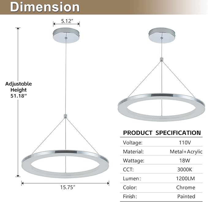 CHYING LED Pendant Lights Kitchen Island, 15.8" 18W Warm White Modern Ring Chandelier, Adjustable Height Silver Hanging Pendant Ceiling Light for Dining Room Bedroom Hallway Entryway, 3000K