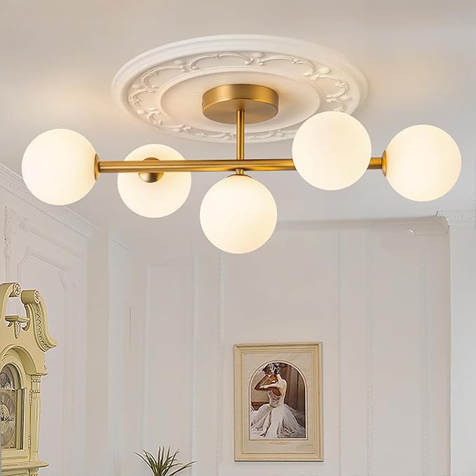 EDISLIVE 5-Light Semi Flush Mount Ceiling Light Frosted Globe, 26.4 in Modern Brass Sputnik Light Fixture Chandeliers with Milk Glass Shade Gold Finished