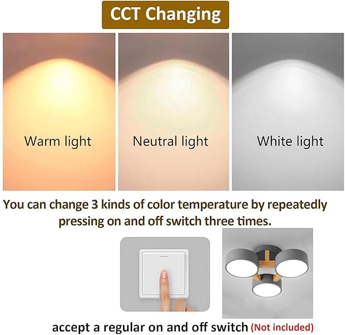 LED Ceiling Light Fixture,Modern Ceiling Lights Flush Mount Wooden Chandelier for Living Room Bedroom Kitchen,Dimmable 3000K/4000K/6000K Temperatures Selectable (Gray, 3 Lights)