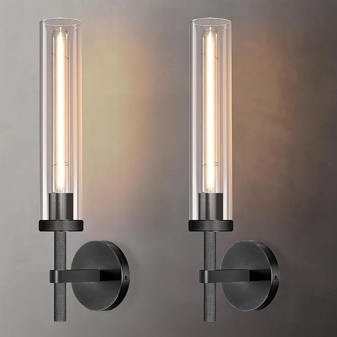Modern Black Hardwired Wall Sconces 2 Pack, 20'' Knurled Bathroom Wall Sconce, Indoor Wall Sconce,Copper and Glass Vanity Light, for Living, Bedroom, Hallway, Staircases, Include Bulbs