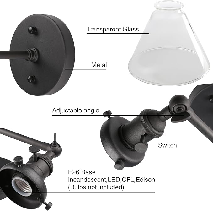 PERMO Double Sconce Vintage Industrial 2-Lights Sconce Antique Wall Sconces with Funnel Flared Glass Clear Glass Shade Vanity Light for Bathroom (Matte Black)