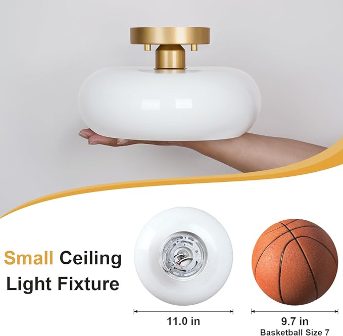 Mid-Century Modern Gold Semi Flush Mount Ceiling Light,White Glass Dome Hallway Lighting Fixtures, Metal Close to Ceiling Lamp for Entryway Bathroom Kitchen Bedroom Porch Foyer Office(11 Inch)