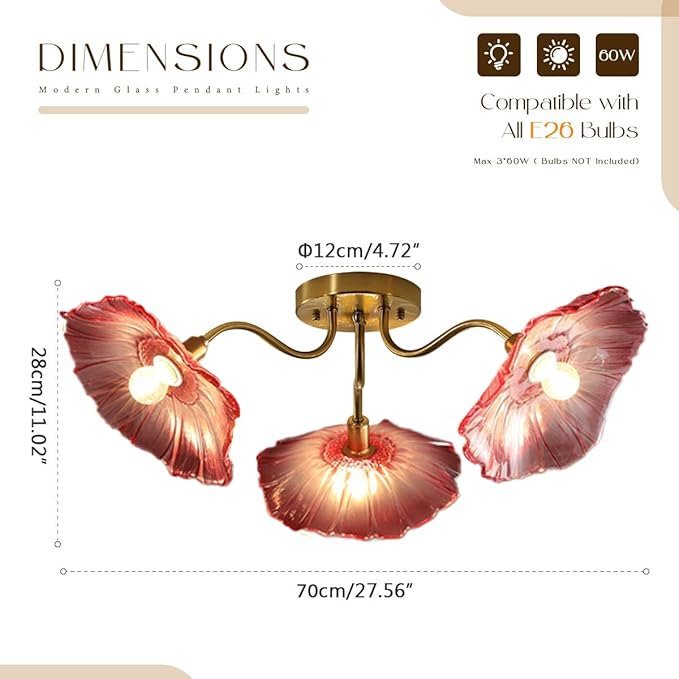 Pink Flower Chandelier 3-Lights Mid Century Modern Ceiling Light Glass Close to Ceiling Light Fixtures Sputnik Flush Mount Chandeliers Gold Brass Chandelier for Dining Living Room