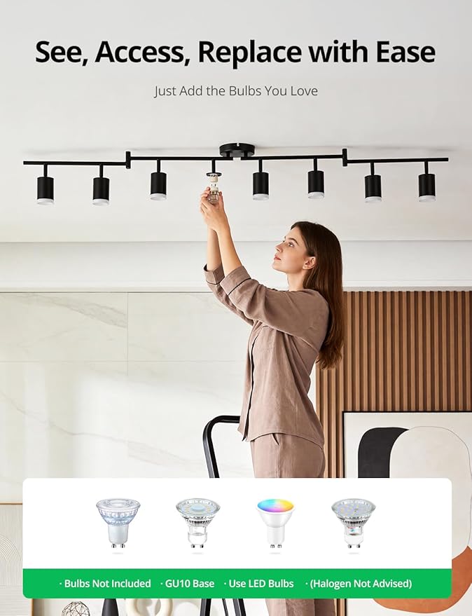 Bojim 8-Light Ceiling Track Lighting Fixtures for Kitchen, Black Modern Led Track Light for Living Room & Closet, 4.6 ft Long Flexible Adjustable Arms, GU10, Bulbs Not Included