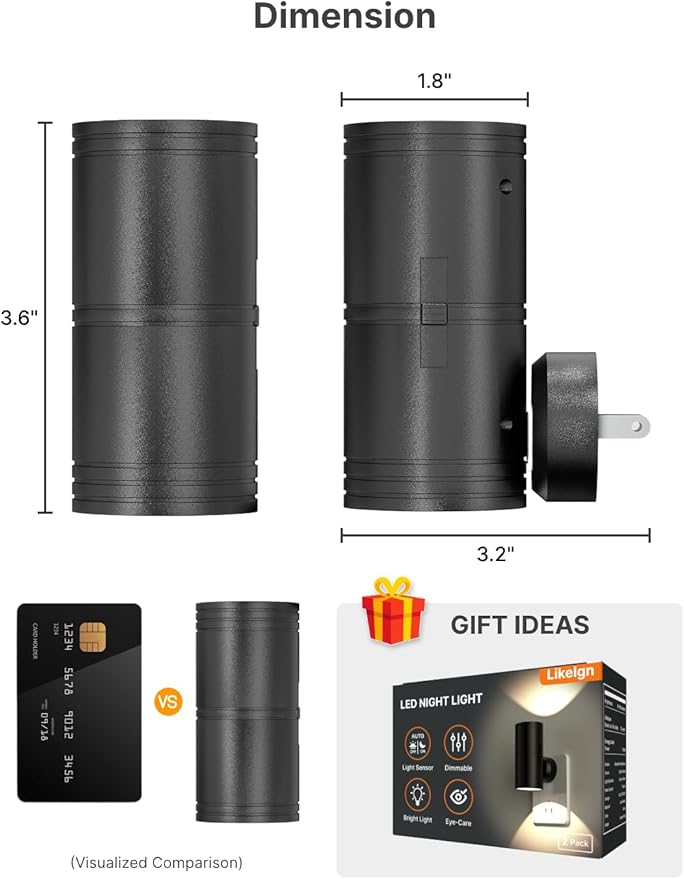 Likelgn Night Light Plug into Wall, 2 Pack Dimmable LED Nightlight with Dusk to Dawn Sensor, Soft White Glow, for Hallway, Bathroom, Bedroom, Black