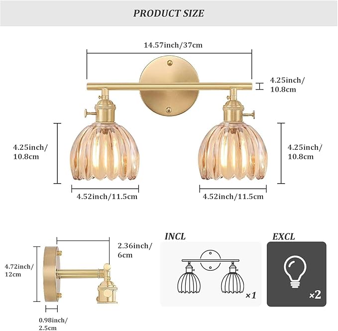 Shenmoyl Bathroom Light Fixtures, 2-Light Brass Vanity wall Light Over Mirror with Amber Tulip Glass Shade for Bedroom Living Room (Bulb Not Included)