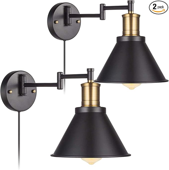 Wall Lamps, Swing Arm Wall Lamp Wall Sconce 2-Pack Plug in Cord with Switch,Vintage Barn Wall Light Bronze Black Lamp Lobby, Hallway, Kitchen, Dining Room, Restaurant, Café