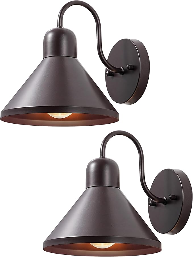 EDISHINE 2 Pack Gooseneck Barn Light, 8IN Outdoor Wall Light Fixture, Farmhouse Outside Wall Sconce, Brown Wall Mount Lantern for Porch, Entryway, Garage