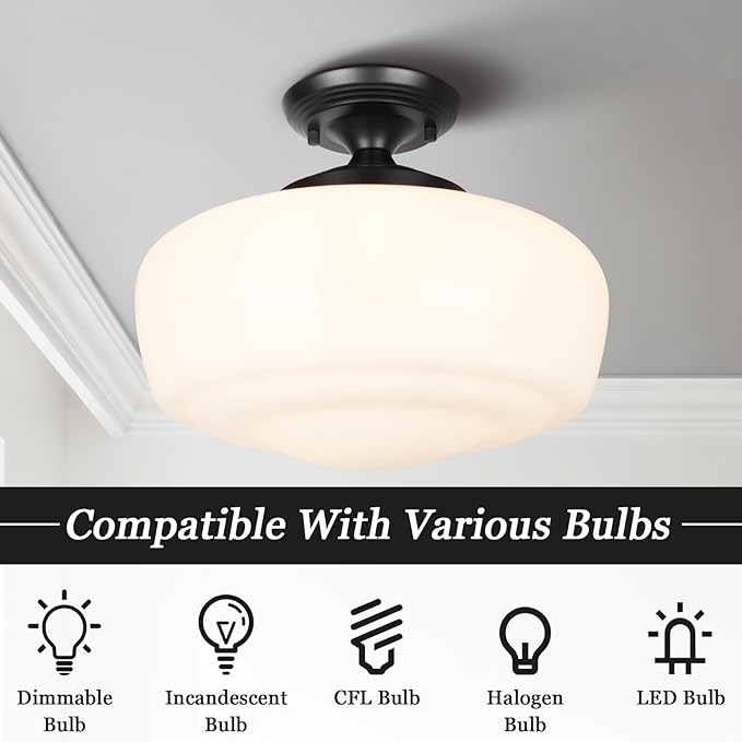 Large Schoolhouse Style Semi Flush Mount Ceiling Light Fixture, 14" Modern Hallway Ceiling Lamp with Opal Milk Glass Shade, Farmhouse Globe Light for Bedroom Kitchen Hallway Entryway Laundry