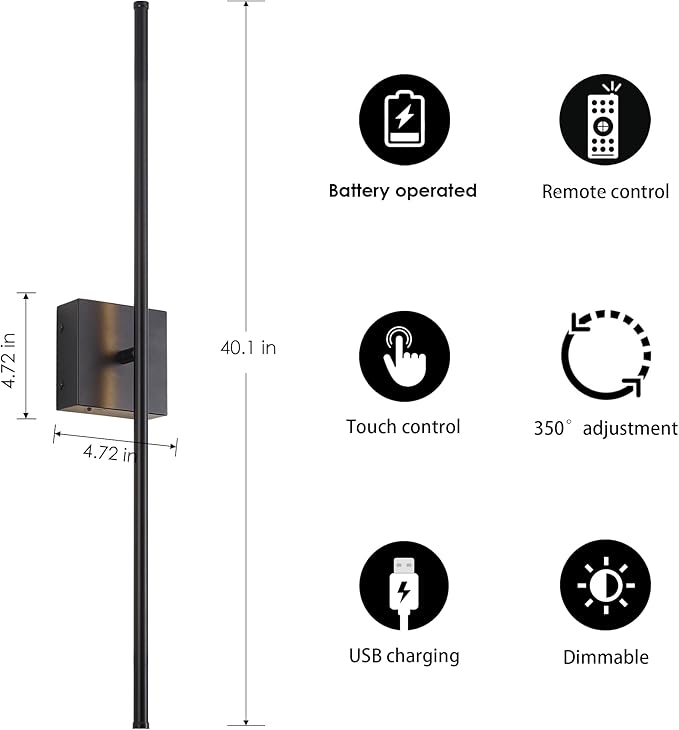 KARTOOSH Battery Operated Wall Sconces with Remote Control, Dimmable Wall Sconces Set of Two, 350°Rotate, 3000K LED Black Wireless Wall Light for Living Room, Hallway, Bedroom, 40.1 Inch (2 Pack)