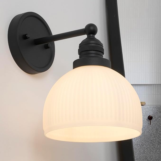 Black Wall Sconce Vintage Bathroom Sconce Light with Frosted Milk Glass Farmhouse Bathroom Vanity Light for Living Room Bedroom Hallway Stairway E26 Hardwire Indoor