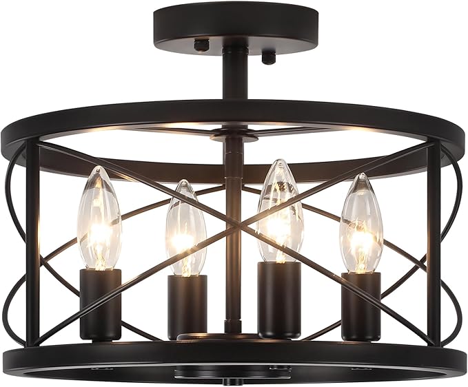 Black Semi Flush Mount Ceiling Light, 4-Light Farmhouse Modern Ceiling Light Fixture, Hallway Light Fixtures, Kitchen Lights, Ceiling Lamp for Entryway Bedroom Laundry Dining Room Lighting Fixtures