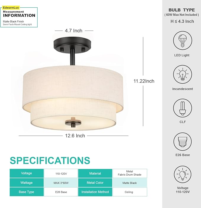 3-Light Semi Flush Mount Ceiling Light Fixture, 12.6" Black Drum Light with White Fabric Shade,Modern Close to Ceiling Light for Living Room Bedroom Dining Room Kitchen Hallway Entry Foyer