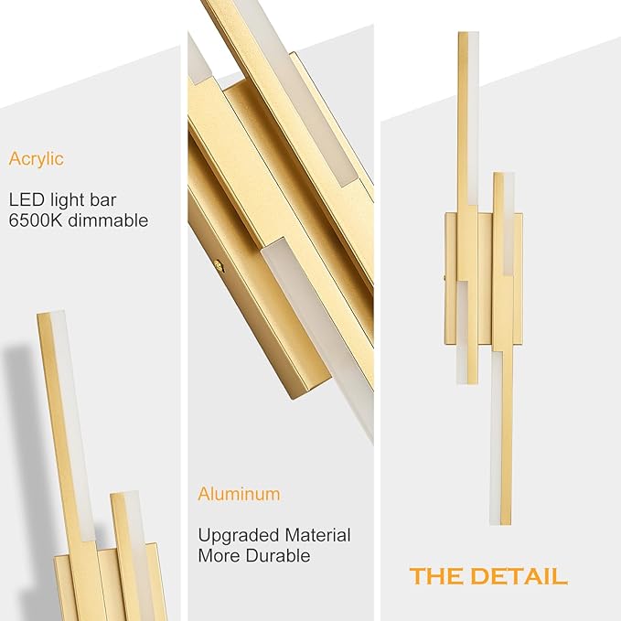 Benkut Modern LED Vanity Lights Set of 2, Gold Wall Sconce with Remote Control Dimmable Indoor Wall Light Bedside Remote Sconce for Bedroom Bathroom Living Dining Room (27.6inch 2 Pack)