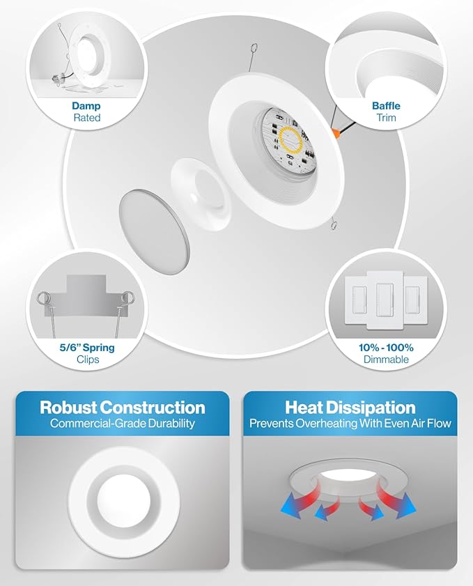 Sunco LED Recessed Lighting 6 Inch, Retrofit Can Lights, 965LM, 13W (100W Equivalent), Selectable CCT 2700K/3000K/3500K/4000K/5000K, Dimmable, Baffle Trim, Damp Rated UL 4 Pack