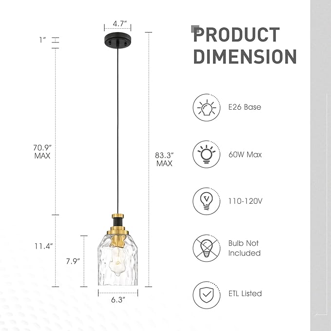 zeyu 2 Pack Modern Kitchen Pendant Lighting Over Island, Hanging Light Fixture for Dining Room, Water Ripple Glass Shade, Black and Gold Finish, ZG33M1L-2L BK+BG-WG