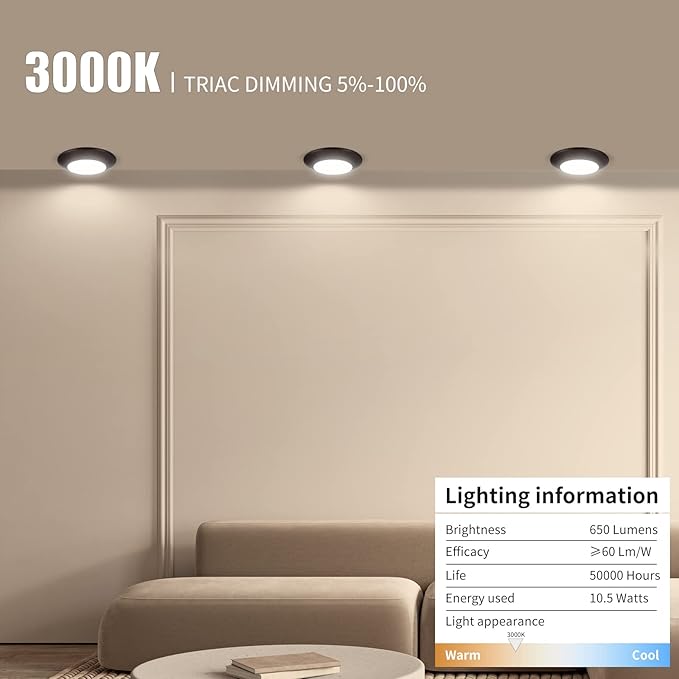 ECOELER 4 Inch Flush Mount Dimmable LED Disk Light, 3000K Warm White, 650lm Round Bronze Low Profile Recessed & Surface Mount Disk Light, 4 Pack, ETL Listed