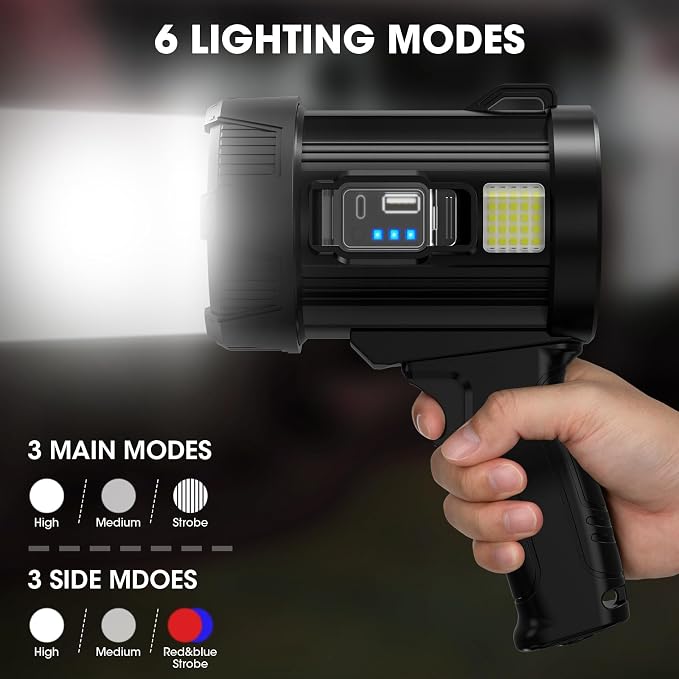 Kmivo Rechargeable LED Spotlight Flashlight, 2,000,000 High Lumens Spot Light, Solar USB Charging with Cob for Camping Hiking Boating