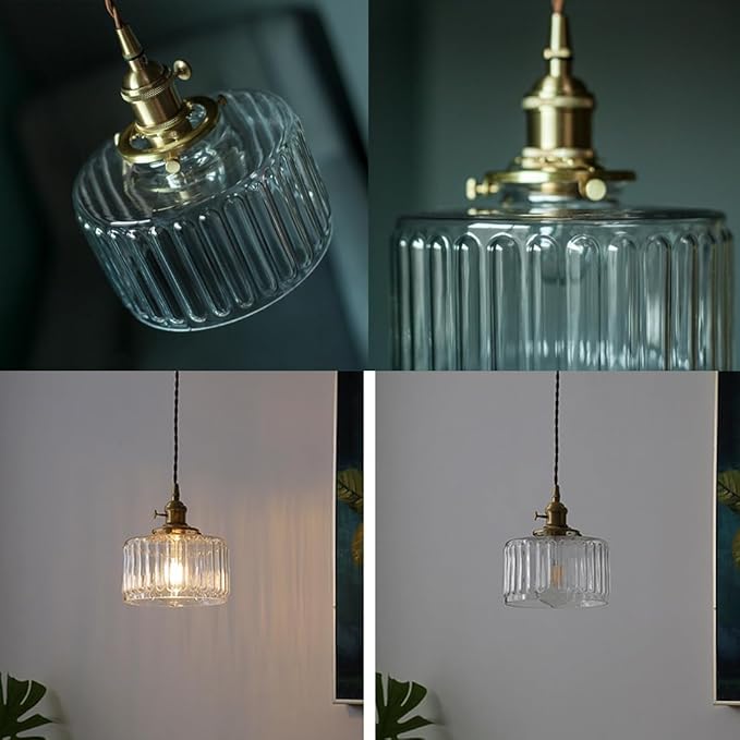 2-Pack Vintage Pendant Light Fixture Gold Pendant Lights Fixtures Clear Kitchen Island Ceiling Hanging Light Round Striped Glass Shade Farmhouse Antique Brass Hanging Pendant Lights