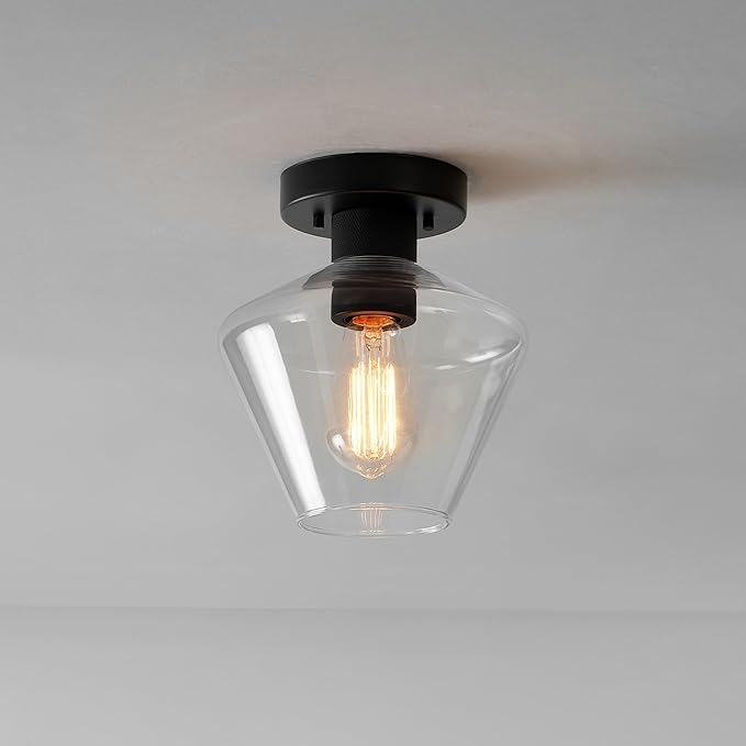 Globe Electric Harling 1-Light Semi-Flush Mount Ceiling Light, Matte Black, Clear Glass Shade, Diamond Knurl Texture on Socket, Home Improvement, Dining Room, Kitchen