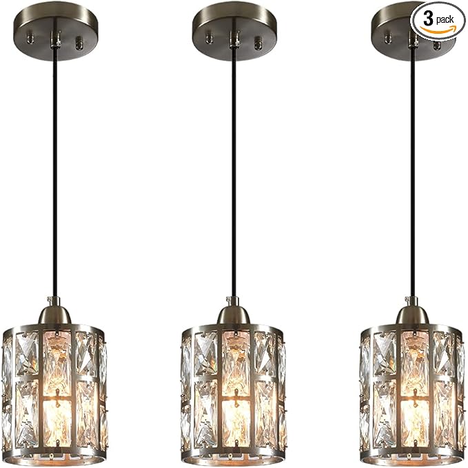 3 Pack Kitchen Ceiling Light Fixtures Crystal Hanging Pendant Lighting with Brushed Nickel Plating Finish Metal Shade for Kitchen Island Dining Room Bar Over Sink