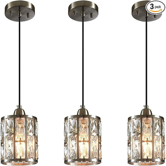 3 Pack Kitchen Ceiling Light Fixtures Crystal Hanging Pendant Lighting with Brushed Nickel Plating Finish Metal Shade for Kitchen Island Dining Room Bar Over Sink