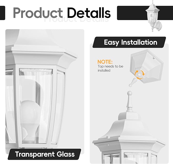 EMART Outdoor Front Porch Light, Exterior Anti-Corrosion, Waterproof Aluminum & Glass Shades Wall Lamp Fixture, Modern Sconce Lantern for Outside, House, Garage - 2 Pack, White （Bulb Included）