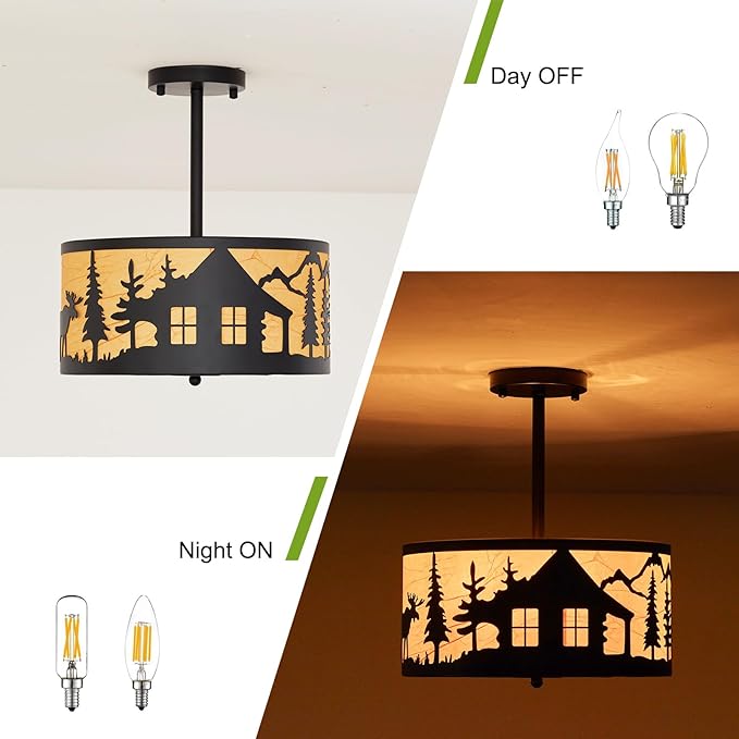 Rustic 3-Light Semi-Flush Mount Ceiling Light Fixtures, E12 Base Black Round Farmhouse Metal Light Fixtures for Kitchen, Hallway, Living Room, Industrial Style with Deer, Bear, Tree Design- Lampshade