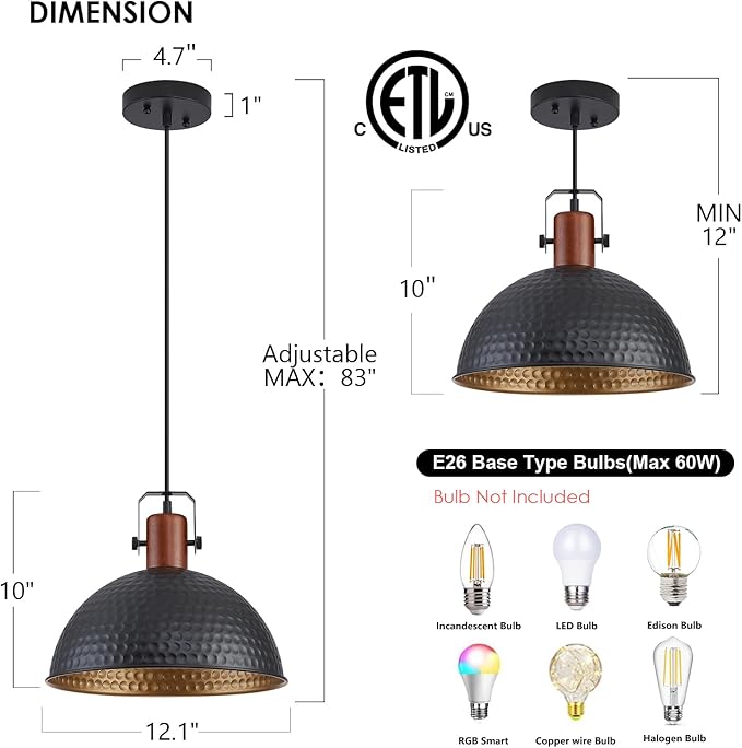 12 Inch Black Pendant Lights Hammered Matte Pendant Lights for Kitchen Island Industrial Farmhouse Adjustable Height Dome Hanging Light Fixtures for Barn, Dining Room 3 Packs