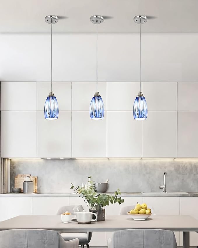 karyfine Dark Blue Glass Mini Pendant Lights for Kitchen Island 3Pack Blown Art Glass Pendant Lighting Shade Hanging Pendant Lights with Brushed Nickel Finish for Kitchen Over Sink,Dining Room
