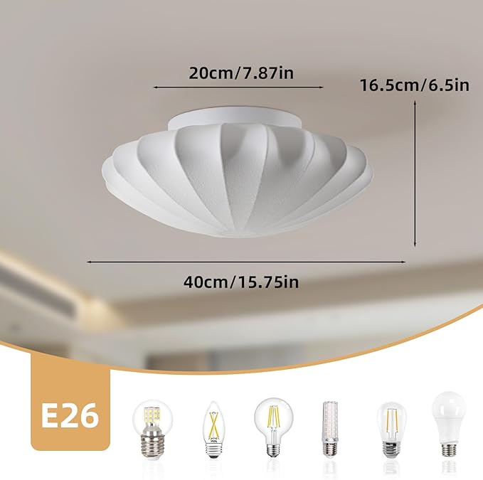 ziidoo 2-Light Semi Flush Mount Ceiling Light,15.7in White Imitation Silk Wabi Sabi Round Lantern 3000K Modern Close to Ceiling Light fixtures for Bedroom Living Room Entryway Hallway