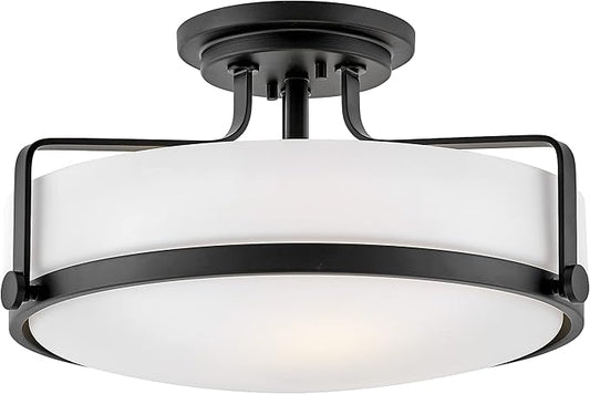 Hinkley Harper 3643BK Large Semi-Flush Ceiling Light, Sleek, Retro Style, Black and Etched Opal Glass
