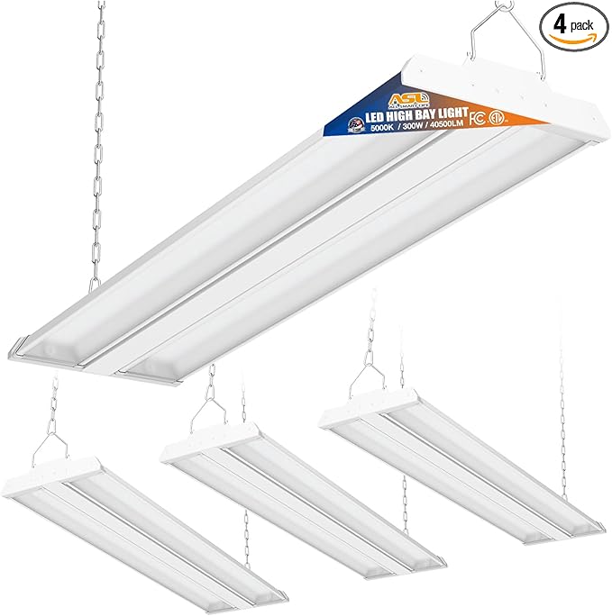 Allsmartlife LED Linear High Bay Light 4-Pack, 5000K Daylight 300W 40500LM 0-10V Dimmable Adjustable Tilt Hanging LED High Bay Shop Lighting Fixtures for Garage Warehouse Workshop, ETL