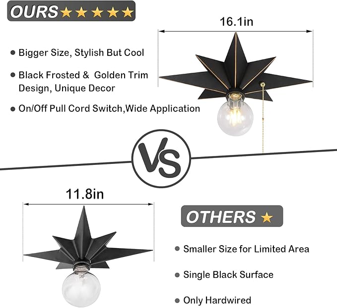 16 inch Flush Mount Ceiling Light with Pull Chain On/Off Switch, Industrial Black Star Ceiling Light Fixtures, Farmhouse Lighting for Hallway, Entryway, Porch, Study, Bedroom, Stair, Kitchen, Bathroom