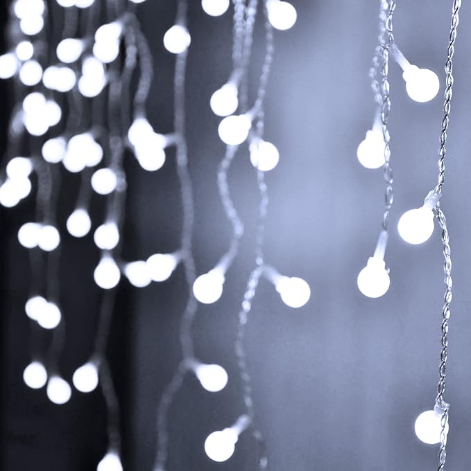 YOLIGHT Fairy Curtain Lights, USB/Battery Powered Ball Icicle Light 13ft 96 LED Globe String Hanging Lights for Bedroom Dorm Wedding Party Christmas Decoration (White)