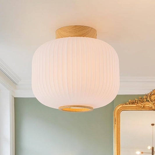 EDISLIVE Mid Century Modern Ceiling Light 9.8" Frosted Milk Glass Flush Mount Lighting Wood Ribbed Glass Light Fixture E26 Minimalist Small Ceiling Light for Hallyway Foyer Bedroom