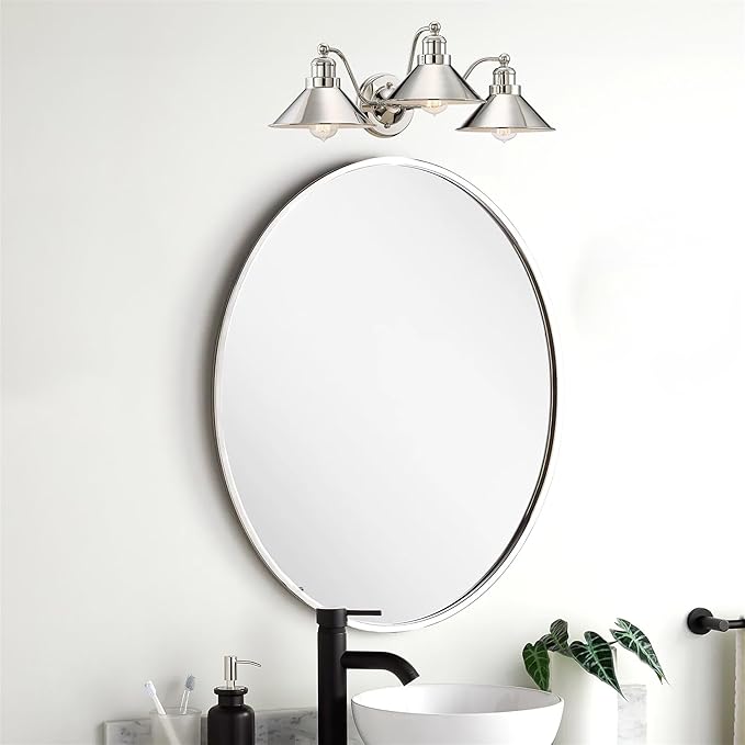 Kira Home Welton 25.5" 3-Light Modern Farmhouse Vanity Light with Funnel Shades, Industrial Wall Sconce Bathroom Light, Polished Nickel Finish
